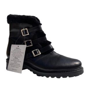 Barney’s NY Shearling Hiking Lug Sole Side Buckle Black Boots